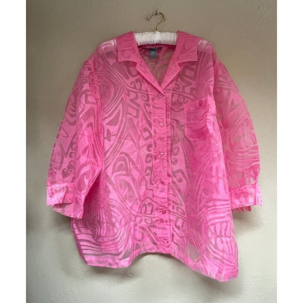 Koret Womens Linen Blend Jacquard Sheer Shirt Top Plus Size 3X Pink Button Down